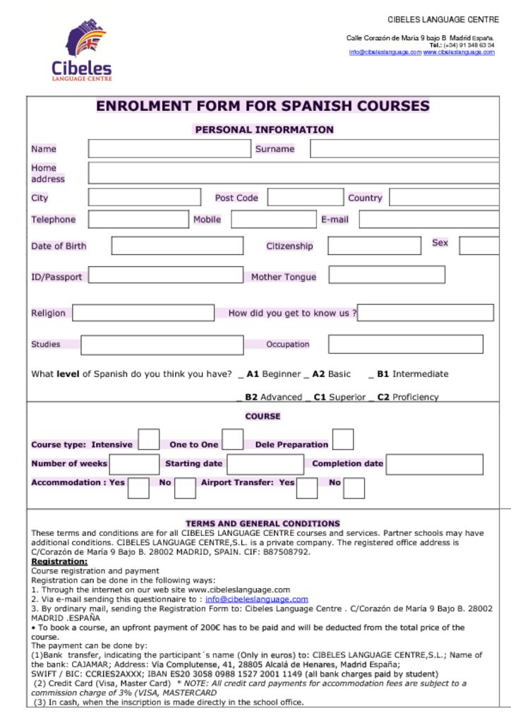 thumbnail of ENROLMENT FORM FOR SPANISH COURSES (English)